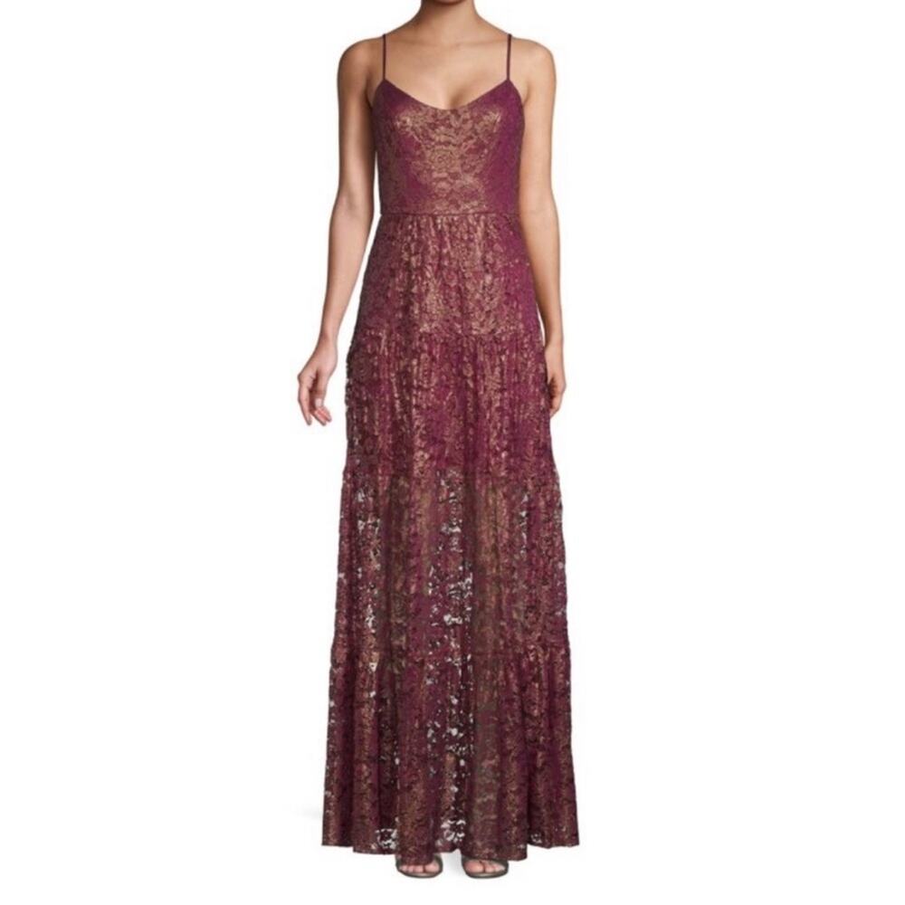 NWT Dress The Population Antoinette Sleeveless Burgundy Gold Lace Maxi Dress S